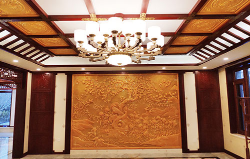 吉阳中式别墅客厅中式木作横梁吊顶装饰展示